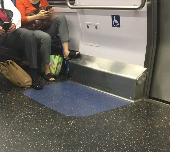 Space for wheelchairs is located near the end of each car Space for wheelchairs is located near the end of each car.