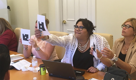 Pilar Barbosa educator Ana Feliciano Santiago eagerly responds to one of Sarah Olson’s tech-based activities. Ana Feliciano Santiago eagerly responds to one of Sarah Olson’s tech-based activities